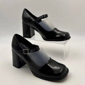 Crazy Mary Jane Heels 6 Black Patent Square Toe Block Heel Y2K Goth Grunge Retro